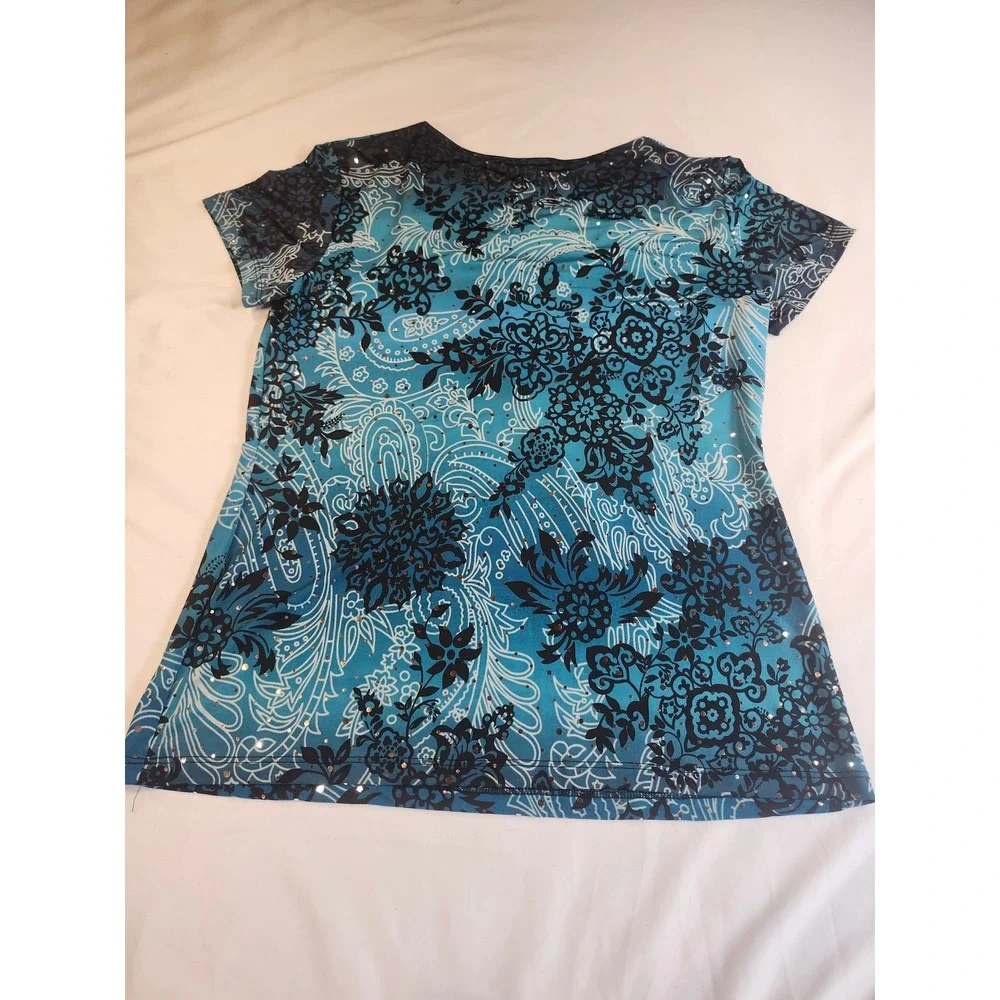 Brittany Black Blue Paisley Floral Sequin Top Womens Medium Short Sleeve Blouse - Picture 7 of 7